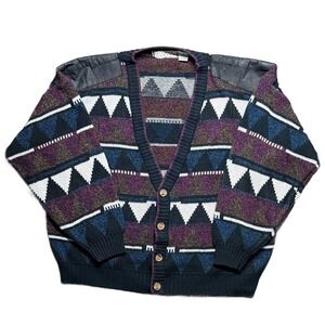 Vintage Michael Gerald Geometric‎ Cardigan Leather Shoulder Pads 90s Sweater